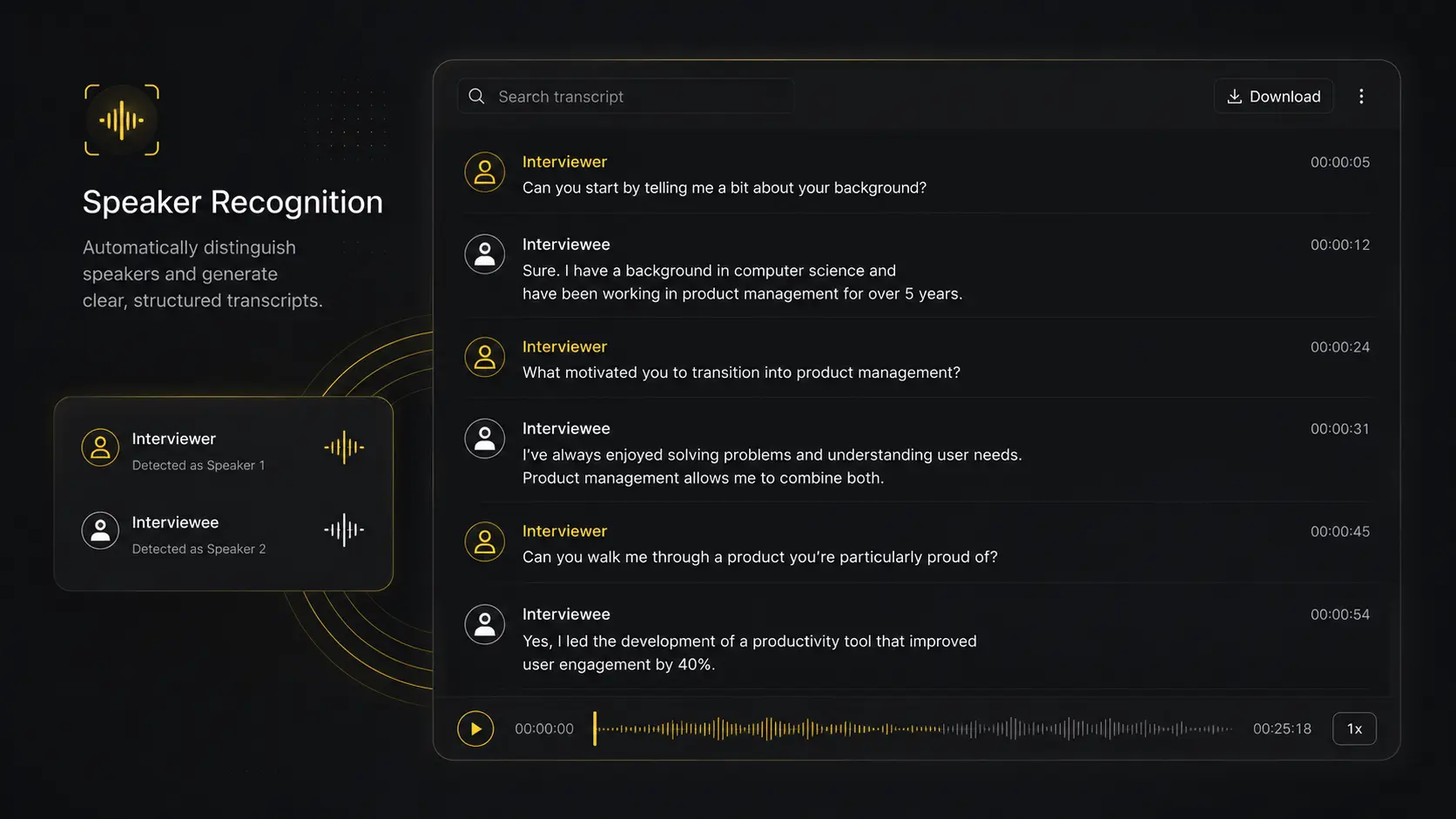 AI speaker recognition labeling interviewer and interviewee in transcript