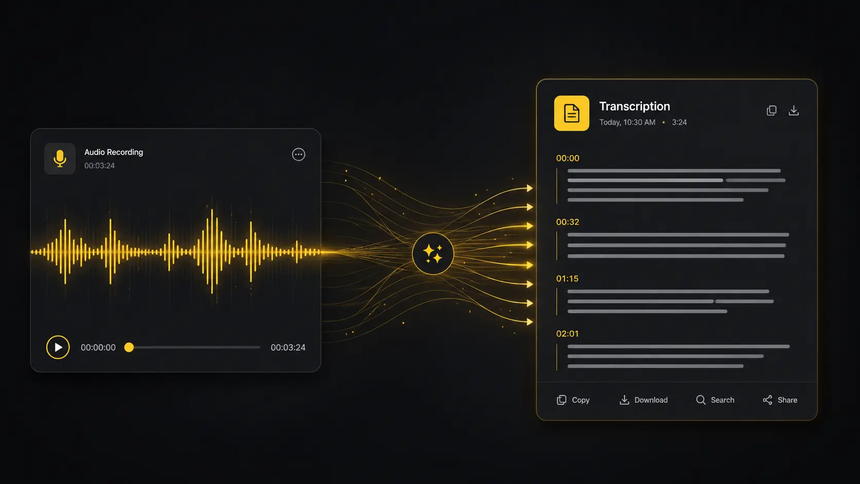 audio waveform transforming into podcast transcript with AI